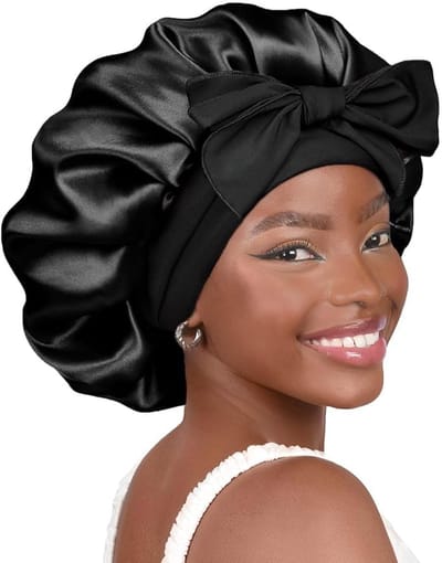 Bondoo Luxe Bonnet Satijn - Verstelbaar met Strik & Dubbellaags - Satijnen bonnet voor iedere haartype - Bonnet - Bonnet zijde - Haarbescherming - Satijnen Slaapmuts - Haarnetje - Zwart