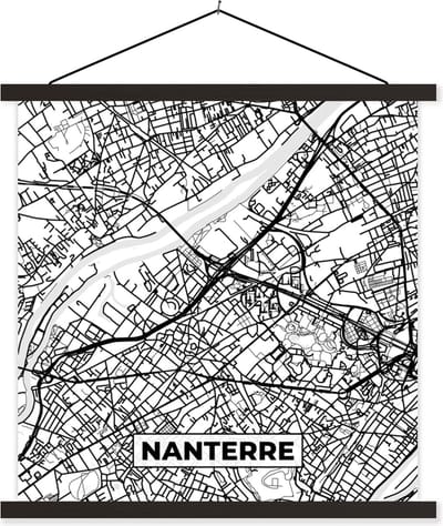 Posterhanger incl. Poster 60x60 cm - Schoolplaat - Frankrijk - Kaart - Nanterre - Plattegrond - Stadskaart - Zwart wit - Textielposter - Zwarte latten - Stadskaart