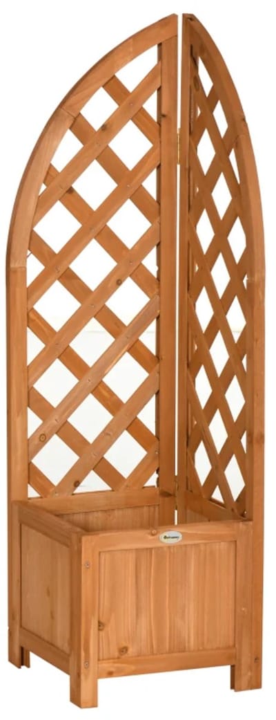 Plantenbak met Klimrek - Verhoogd Bloembak met Hoektralie & Drainageopening - Tuinrek - Tuinbed - Plantenrek - Tuinbak - voor Bloemen, Fruit, Groenten & Kruiden - 32 x 32 x 108 cm - Weerbestendig - Natuurlijk Hout - Naturel Hout