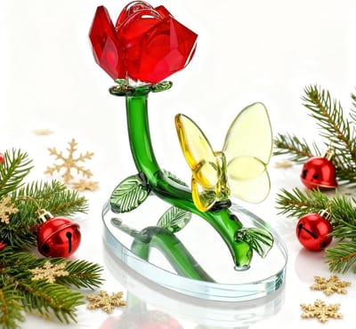 Cosensi - Rode kristallen roos met gele vlinder beeldje voor vrouwen en meisjes - Persoonlijk geschenk - Glazen bloem voor Valentijnsdag - Uniek verzamelobject