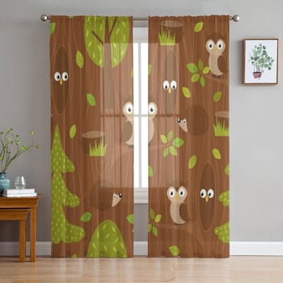 Uil en Egel in Bos Transparant Gordijn voor Woonkamer Slaapkamer Voile Gordijnen voor Raam Organza Gordijnen Feest Tule Draperieën 135W x 114H(cm) brown