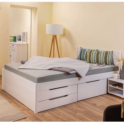 Interlink Efetivo Opbergbed 160 x 200 cm - Inclusief lattenbodem - 2 opberglades & uitschuifbaar nachtkastje - Massief grenen - Wit
