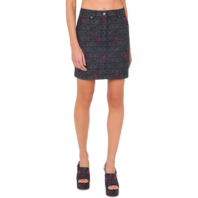 Moschino Black Denim Mini Skirt With Allover Logo Hearts Black Maat: 40 | Mini Rokken Outlet | Dames | Zwart