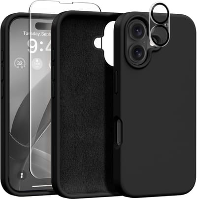 Solid hoesje Soft Touch Liquid Silicone Flexible TPU Rubber + Screenprotector - Camera Lens - Geschikt voor: iPhone 16 - Zwart