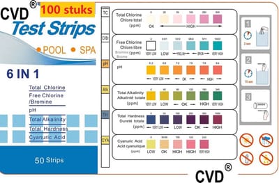 CVD® High Quality Teststrips zwembad 6 in 1 - Zwembad / Jacuzzi Test strips - 100 STUKS 6-in-1 -- Zwemwater kwaliteit -- Zwembadonderhoud -- PH Strips Test: 1. Totale Chloor 2. Vrije Chloor 3. Hardheid 4. Alkaliteit 5. PH waarde 6. Cyanuurzuur