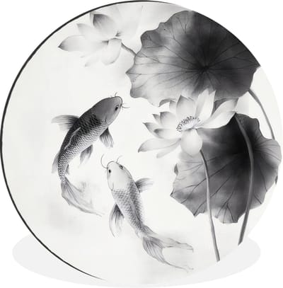 WallCircle - Wandcirkel - Muurcirkel - Lotusbloemen - Vissen - Bladeren - Zwart - Aluminium - Dibond - 30x30 cm - Binnen en Buiten