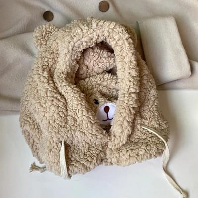 Bonnet d'agneau avec oreilles d'ours de dessin animé, cagoule chaude avec masque, Protection des oreilles épaissie d'hiver, bonnets Skullies d'automne pour femmes et filles 56-58cm beige