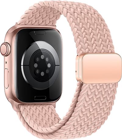 Stravo Braided Nylon bandje met magneetgesp - Geschikt voor Apple Watch 42mm (Series 11/10), 41mm (Series 9/8/7), 40mm (Series 6/5/4, SE 1/2/3), 38mm (Series 3/2/1), Verstelbaar elastisch gevlochten horlogebandje met magnetische sluiting - Roze