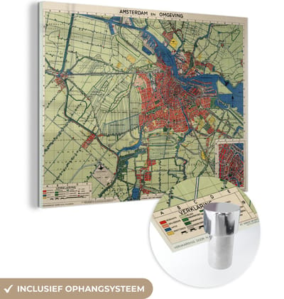 MuchoWow® Glasschilderij 40x30 cm - Schilderij acrylglas - Stadskaart - Amsterdam - Historisch - Foto op glas - Schilderijen - Plattegrond