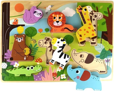Houten Steekpuzzel - Dieren Puzzel - Baby Ontwikkeling - Verschillende Spelvarianten - 29.5 x 21.5 cm - Bruin