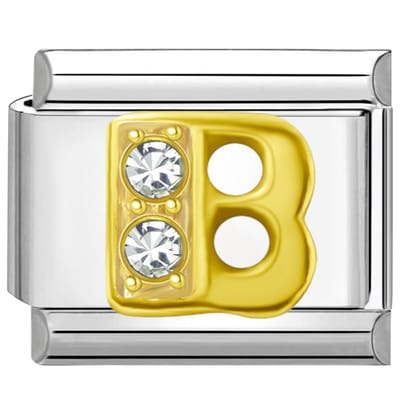 Quiges - Schakel - Bedel - 9mm - charms - Goud - Zirkonia - alfabet - letter B - Geschikt voor - armband - Schakelarmband - italy bedels armband