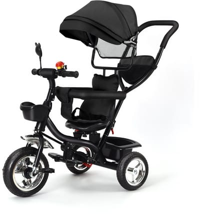 PIPIPOXER -Kinderdriewieler Driewieler met duwstang-360° draaibare zit-Met zonnescherm- Zwart