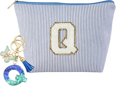 Gepersonaliseerde make-uptas met sleutelhanger voor meisjes en vrouwen, ideaal cadeau voor moeders en vriendinnen, blauw design