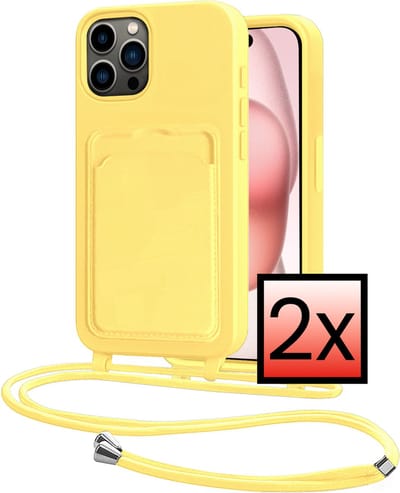 Hoes Geschikt voor iPhone 14 Pro Max Hoesje Pasjeshouder Cover Met Koord Case Siliconen Hoes Met Telefoonkoord en Kaarthouder - Geel - 2 PACK