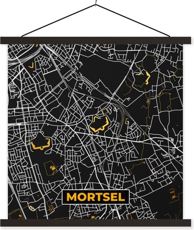 Posterhanger incl. Poster 60x60 cm - Schoolplaat - Mortsel - Plattegrond - Stadskaart - Goud - Kaart - Textielposter - Zwarte latten - Stadskaart