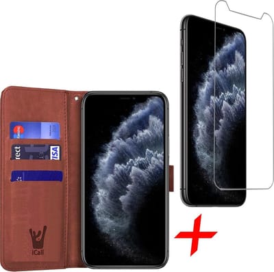 Hoesje geschikt voor iPhone 11 Pro Max - Bruin Book Cover Kunstleer Wallet + Screenprotector Glas GlassGuard