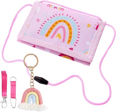 Schoudertas voor Kinderen, Drievoudig Vouwbare Tas met Regenboog Sleutelhanger, Perfect voor Munten, Kaarten en Briefgeld