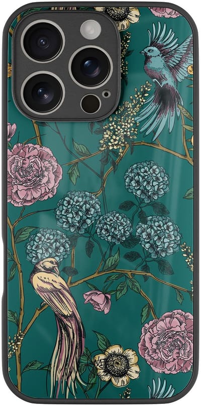 Hoesje geschikt voor iPhone 16 Pro - Vogels Japanse bloemen - Luxe Hard Case - Print - Groen - Mooie Telefoonhoesjes