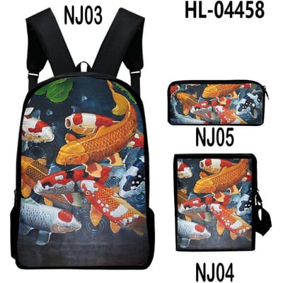 Klassiek Nieuwigheid Cool Koi karper 3D Print 3 stuks/Set leerling Schooltassen Laptop Dagrugzak Rugzak Schuin gedragen schoudertas Etui