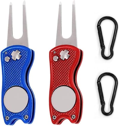 Multifunctionele Golfaccessoires: 2 Stuks Vouwbare Pitch Fork met Carabiner voor Onderhoud en Reparatie van Golfclubs, Rood en Blauw, Aluminium