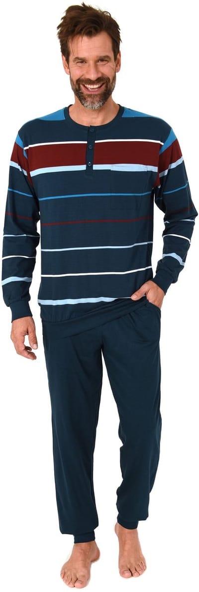 Lange Normann herenpyjama met manchetten in een gestreepte look - ook in grote maten