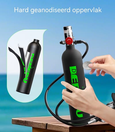 Mini Duikfles 1L-Persluchtfles Met Ademautomaat-Drukmeter-3000 PSI 200 Bar 20 MPa – Voor Snorkelen En Korte Duiken – 53x32x14cm-Zwart Groen