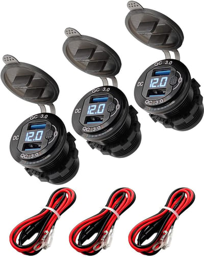 ProRide 12V USB Wandcontactdoos Inbouw - 2 USB Poorten - Voltmeter - QC3.0 - Blauw - Kabel en Zekering - 3 stuks
