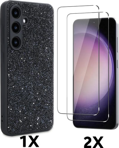 Casemania Hoesje & Glas Geschikt voor Samsung Galaxy S25 - Zwart - Diamant Glitter Back Cover & 2x Glazen Screenprotector