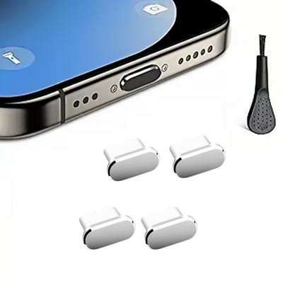 Daity Set van 4 stofdoppen voor USB-C-poorten van iPhone 17 - 16 - 15-serie - Galaxy S22/S21/S20 en andere USB-C-apparaten - inclusief beschermkapjes voor de oplaadpoort en een schoonmaakborstel.