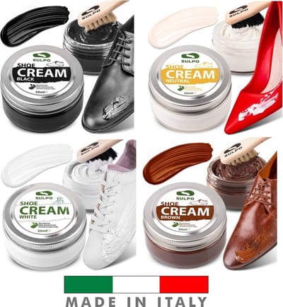 Schoenpoetscrème op waterbasis 1x Zwart 50 ml + 1x Bruin 50 ml + 1x Neutraal 50 ml + 1x Wit. Gemaakt in Italië. Schoenpoets op waterbasis - een veilige formule die leren schoeisel effectief beschermt verzorgt en opfrist. Vier kleuren in één set!