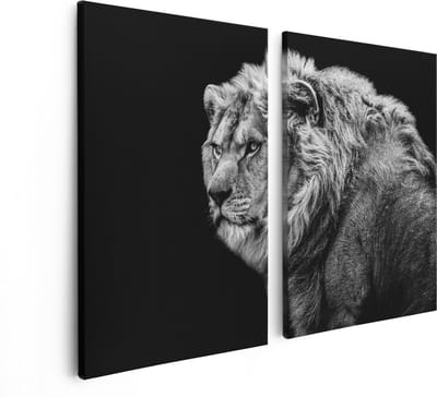 Artaza Canvas Schilderij Tweeluik Leeuw - Zwart Wit - 80x60 - Foto Op Canvas - Canvas Print