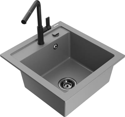 Mexen Vito granieten spoelbak 1-komers met keukenkraan Flora, grijs - 6503-71-670401-70-B