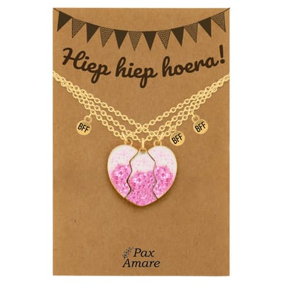 BFF Ketting voor 3 'Hiep Hiep Hoera' - Magnetisch Glitter Hartje Roze - Vriendschapsketting op Cadeau Kaartje - 45cm + 5cm verstelbaar - Goudkleurig - Verjaardags Hanger - Pax Amare