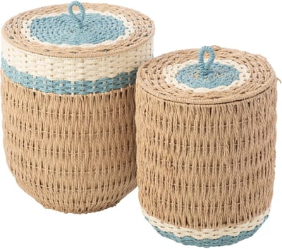 J-Line mand met deksel Gestreept - papier - naturel/lichtblauw - set van 2
