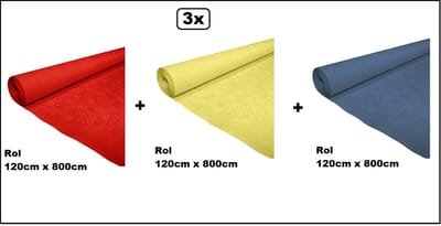 3x Tafelrol tafelkleed rood/geel/blauw 120cm x 800cm papier - totaal 24 meter - Party diner food festival eten fun thema feest party Italie