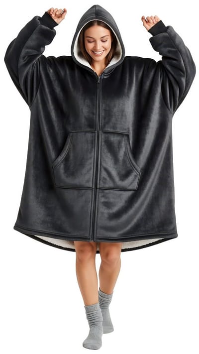 Hoodie Deken met Rits – Fleece Deken met Mouwen – Oversized Hoodie – Deken Trui – Grijs