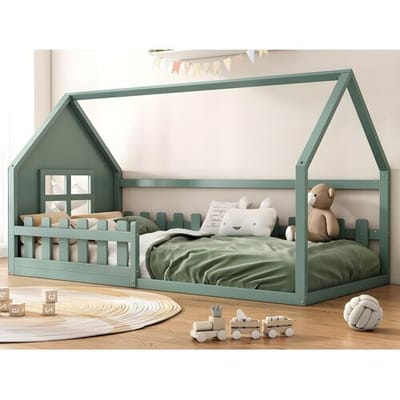 ModernLuxe Cabinebed voor kinderen 90x200 cm - in de vorm van een huis - in grenenhout en MDF - Groen