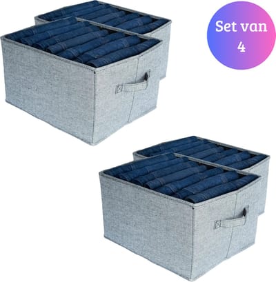 Janse® Kleding organizer set van 4 - Opbergdozen jeans - Kast organizer opstapelbaar - Broek organizer met 7 vakken - Kleding opbergsysteem - Kleding opberger - Stoffen opbergset voor spijkerbroeken - Opvouwbare opbergmand - Opslagboxen t-shirts