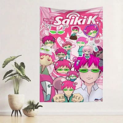 1 pièce La Vie Désastreuse de Saiki K Tapisserie Collage Rose Accrochage Mural Fond de Scène Tissu Pour Salon Chambre Décor Esthétique Anime 120cmX180cm