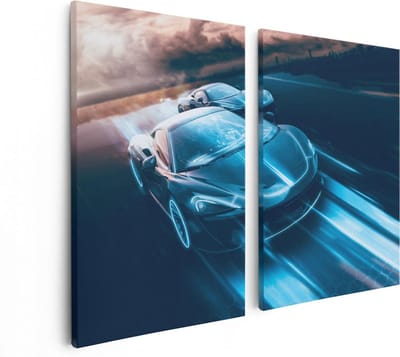 Artaza Canvas Schilderij Tweeluik Twee Raceauto's - Abstract - 80x60 - Foto Op Canvas - Canvas Print