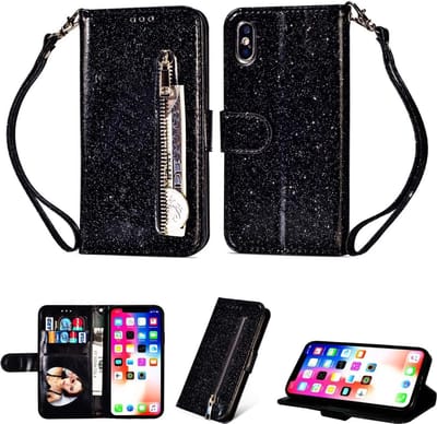 Portemonnee Hoesje - Wallet Case - Rits Sparkly Glitter - Telefoonhoes met Kord Geschikt voor: Apple iPhone X / XS - Zwart