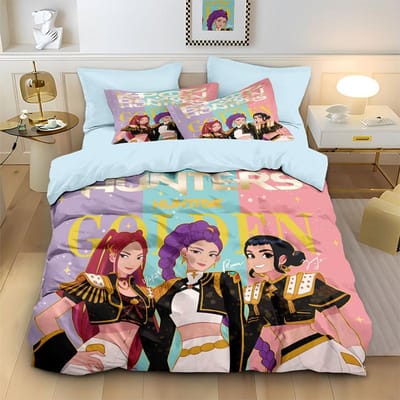 K-Pop Beddengoed Set Demon Hunters Thema Roze Of Zwart Andere Kant Print Polyester Studentenkamer Dekbedovertrek Jongens Meisjes Cadeau US King(264*228cm)3pcs