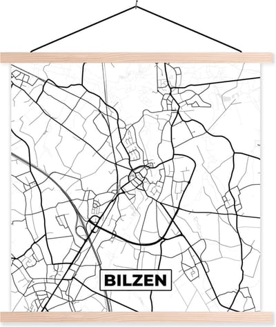 Posterhanger incl. Poster 40x40 cm - Schoolplaat - Zwart Wit – België – Plattegrond – Stadskaart – Kaart – Bilzen - Textielposter - Blanke latten - Stadskaart