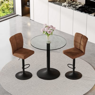 MODENUIT Bartafelset - Ronde Glazen Tafel 89 Cm - 2 Draaibare Barkrukken - Voor Bar, Eetruimte En Lounge - Glas, Metaal, Technische Stof - Bruin En Zwart