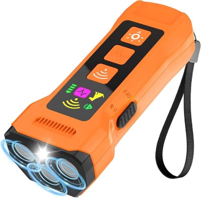 Ultrasone hondentrainer, 6-in-1 ultrasone huisdierentrainer met zaklamp, lcd-scherm en veiligheidsslot, 3x ultrasoon vermogen en een bereik van 15 meter voor alle honden (oranje)