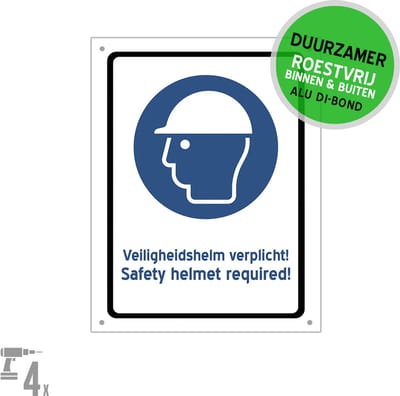 Pictogram/ bord Dibond + boorgaten | "Veiligheidshelm verplicht!/ Safety helmet required!"| 19 x 25 cm | Bouwwerf | Bouw personeel | Arbeider | Veiligheid | Verzekering | Gemakkelijk op te hangen | Helm | Duurzaam | 1 stuk