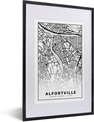 Fotolijst incl. Poster Zwart Wit- Stadskaart - Frankrijk - Kaart - Plattegrond - Alfortville - Zwart wit - 40x60 cm - Posterlijst