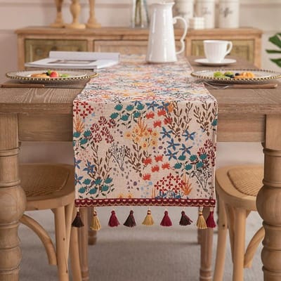 Bohemian Jacquard Tafel Runner, Vintage Boho Tafel Runner, Oranje Diamant Katoenmix met Kwastjes voor Eettafel Feest 33x120cm