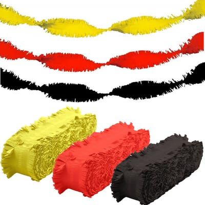 Folat versiering feest slingers - combi set - rood - zwart - geel - 24 meter - crepe papier - feestartikelen