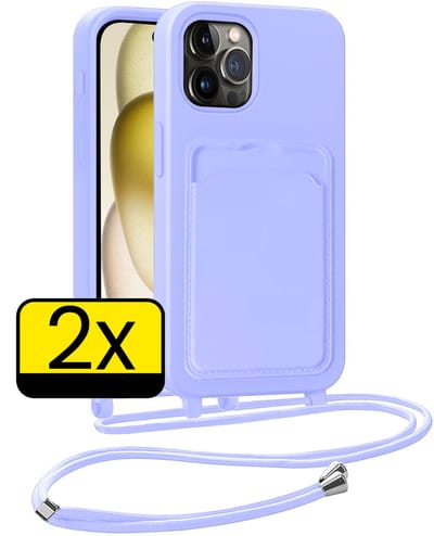 Hoesje Geschikt voor iPhone 14 Pro Telefoonhoesje Met Koord Case Pashouder Siliconen - Hoes Geschikt voor iPhone 14 Pro Hoesje Met Kaarthouder - Lila - 2 Stuks
